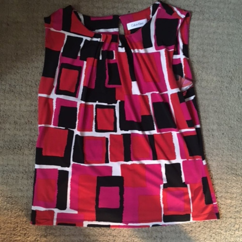 Calvin Klein Red Pink Black Geometric Blouse Petite Large